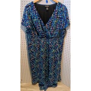 Lane Bryant Dress Size 22/24 Short Sleeve Black Blue Purple Vneck Stretch